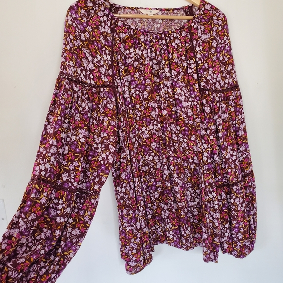 Terra & Sky Tops - TERRA & SKY Sz 2X Burgundy Purple Pink Floral Pullover Top LS Flowy Cottage Core